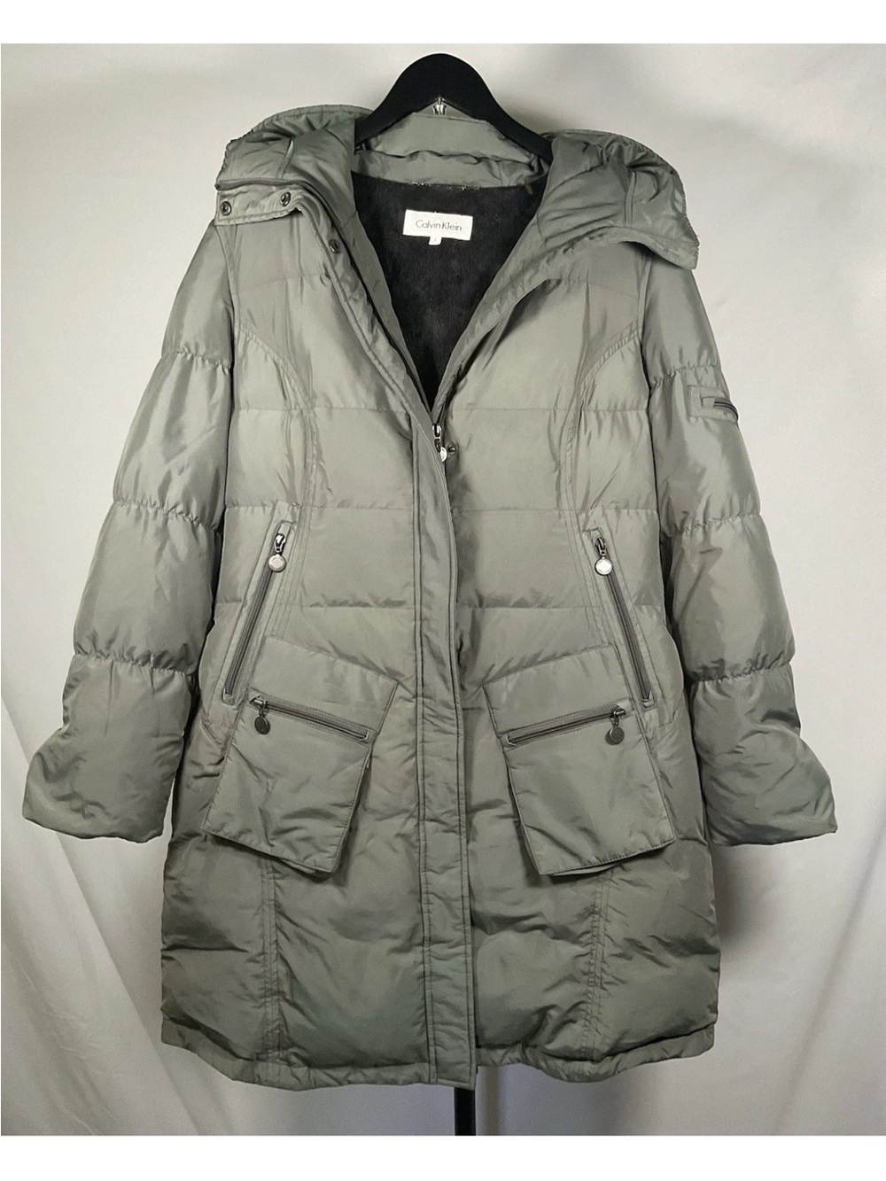 Calvin Klein Women's Sage Green Quilted Long Puffer Coat with Hood